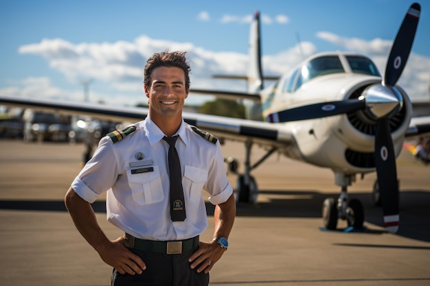 Ein Porträt eines Pilotenmannes mit Fotohintergrund als Flugzeugpilotenberuf