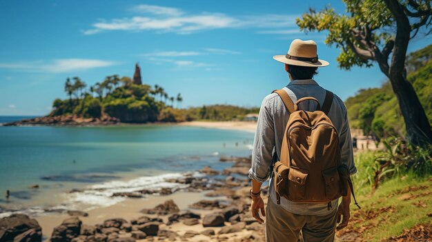 Foto ein porträt eines reisenden mit einem rucksack, der am strand spazieren geht