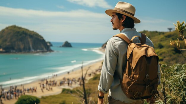 Foto ein porträt eines reisenden mit einem rucksack, der am strand spazieren geht