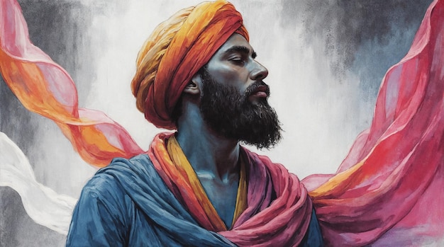 Ein Porträt eines Sikh-Mannes in Meditation mit fließendem Stoff
