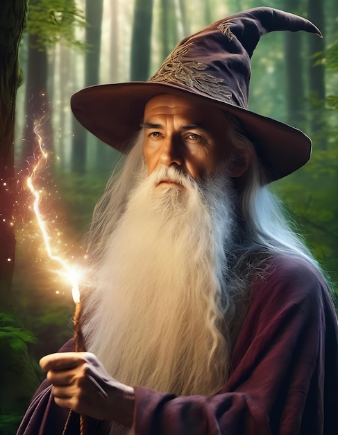 Ein Porträt eines weisen alten Zaubers mit einem langen weißen Bart, der einen Zauberspruch mit einem Zauberstab in einem mystischen