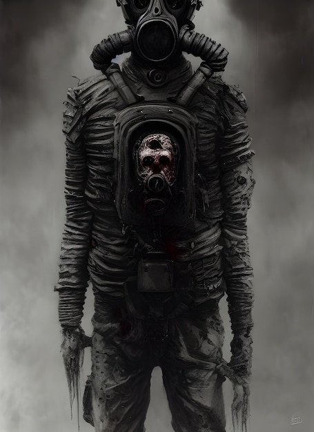 ein Porträt eines Zombiesoldaten mit Gasmaske, Horrorkunst, Atomkrieg, Apokalypse