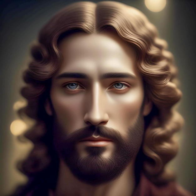 Ein Porträt von Jesus mit blauen Augen und einem braunen Hemd.