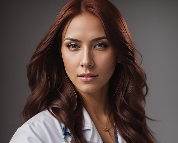 Ein Porträtfoto einer schönen Ärztin mit braunen Haaren und Augen