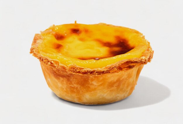 Foto ein portugiesischer pastel de nata-kuchen mit creme de crème und zimtstäbchen auf einem weißen teller pastel de belem ist ein ikonisches becherförmiges gebäck mit verbrannter spitze und einer knusprigen puffgebäckskorbe süßes dessert