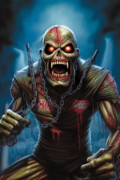 Ein Poster der Band Hellboy zeigt einen Zombie mit einem roten Buchstaben auf der Brust.