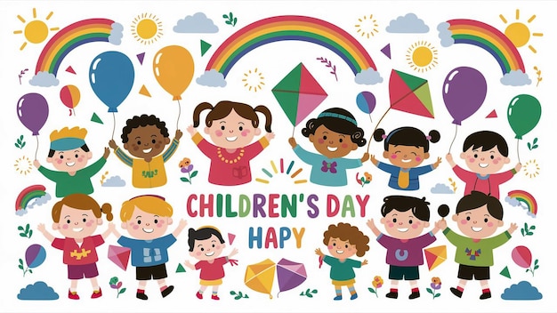 ein Poster des Tages der Kinder mit einem Regenbogen im Hintergrund