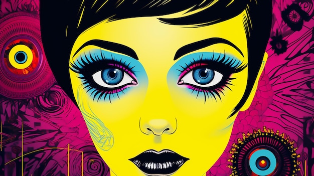 ein Poster einer Frau mit blauen Augen und einem bunten Eyeliner.