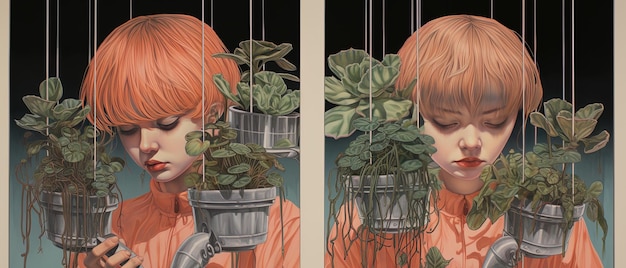ein Poster einer Frau mit einer Pflanze in der Hand und ein Bild einer Frau mit der Pflanze darin