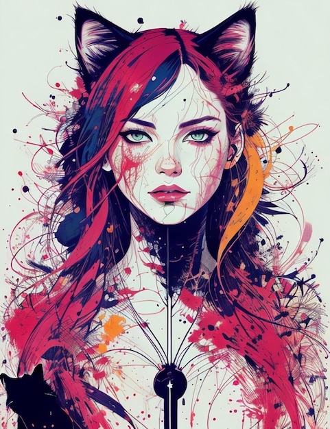 Ein Poster einer Frau mit roten Haaren und einer schwarzen Katze auf dem Kopf.