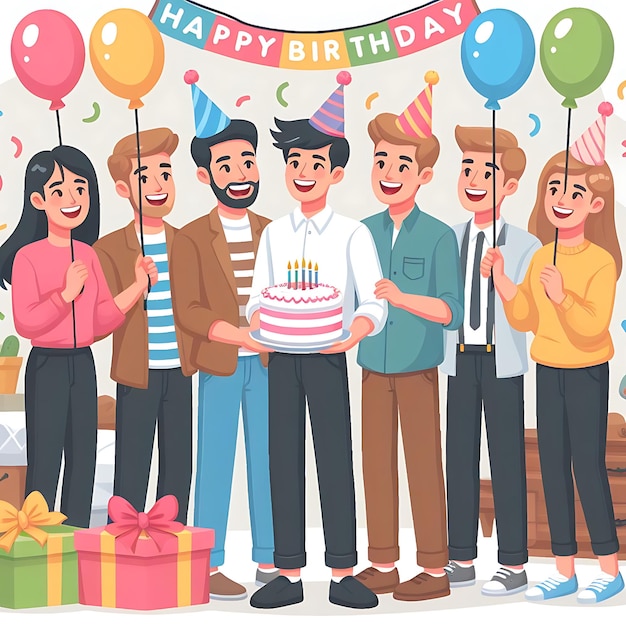 ein Poster einer Gruppe von Leuten mit Ballons und einem Geburtstagskuchen