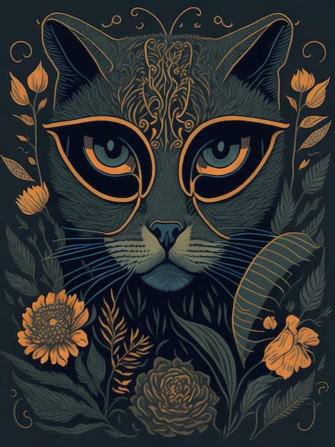 Ein Poster einer Katze mit Blumen