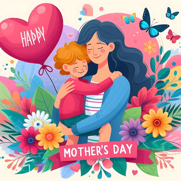 ein Poster einer Mutter und ihres Kindes mit einem Banner mit dem Satz "Glücklicher Muttertag"