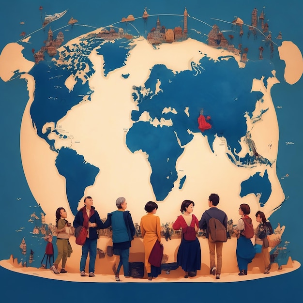 ein Poster einer Weltkarte mit Menschen drumherum