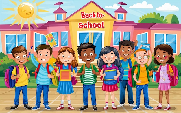 ein Poster einer Zeichentrickfigur mit einer Gruppe von Kindern, die Bücher halten