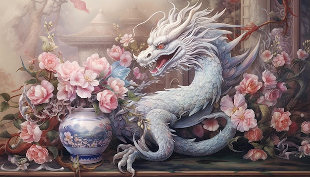 Ein Poster eines chinesischen Drachen aus Silberfiligran