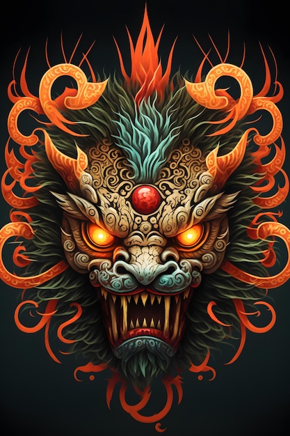 Ein Poster eines Drachen mit orangefarbenen Augen und einem blau-roten Schwanz.