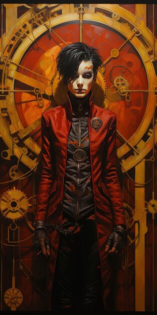 ein Poster eines Mannes mit einer roten Jacke und einer Uhr im Hintergrund