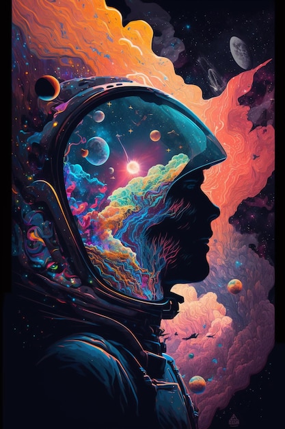 Ein Poster eines Raumfahrers mit dem Universum im Hintergrund.