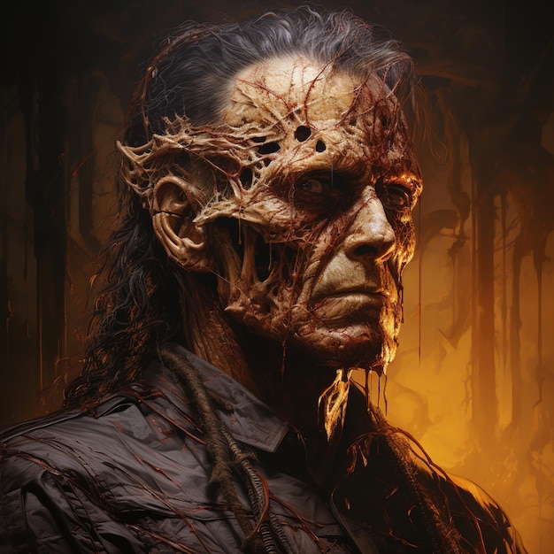 ein Poster eines Zombie-Mannes mit einer Maske im Gesicht.