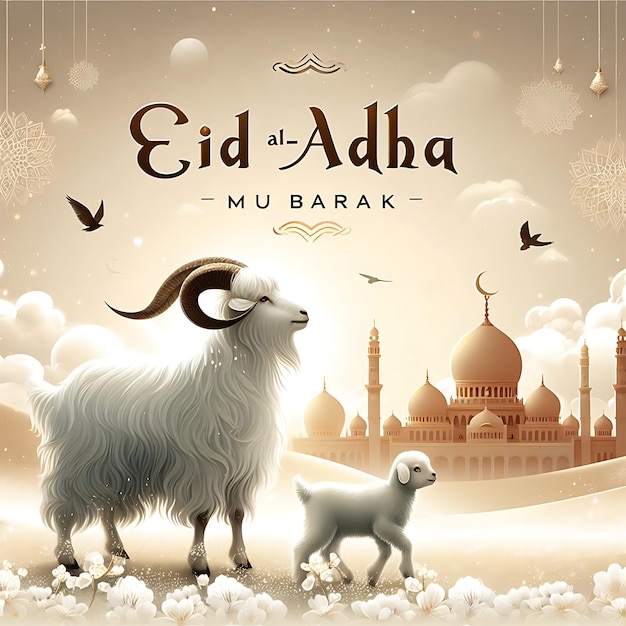 ein Poster für das arabische Fest mit einer Ziege und einer Moschee im Hintergrund