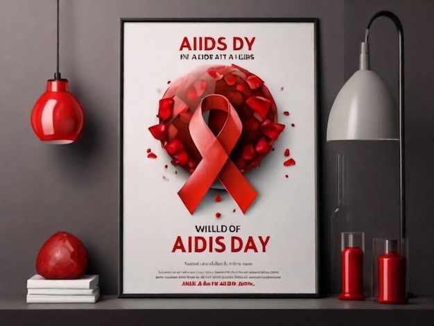 ein Poster für den Aids-Tag ist auf einem Regal ausgestellt