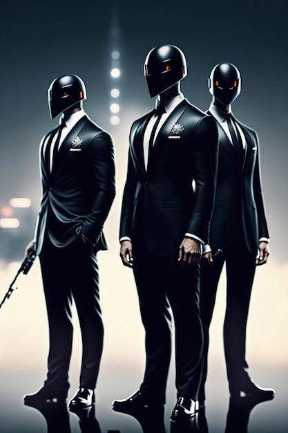 Ein Poster für den Film Das Exoskelett wird in schwarzen Anzügen gezeigt.