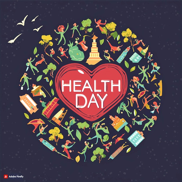 ein Poster für den Gesundheitstag mit einem roten Herz und Menschen an der Spitze