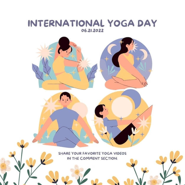 ein Poster für den internationalen Yoga-Tag mit einer Frau, die auf einem Stuhl sitzt