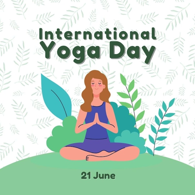 ein Poster für den internationalen Yoga-Tag mit einer Frau, die in der Lotus-Position sitzt