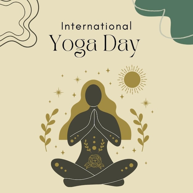 ein Poster für den internationalen Yoga-Tag mit einer Frau in einer Yoga-Pose