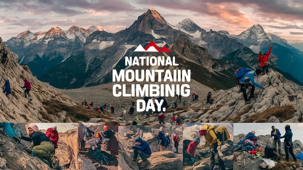 ein Poster für den Nationalen Bergsteigertag mit einem Berg im Hintergrund