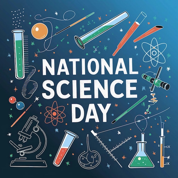 ein Poster für den nationalen Wissenschaftstag mit blauem Hintergrund mit einer bunten Zeichnung eines Wissenschaftstages