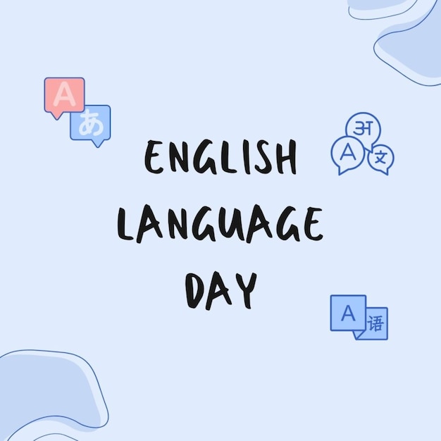 ein Poster für den Tag der englischen Sprache mit blauem Hintergrund mit rosa und blau