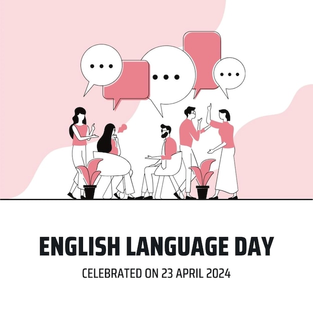 ein Poster für den Tag der englischen Sprache mit Menschen im Hintergrund