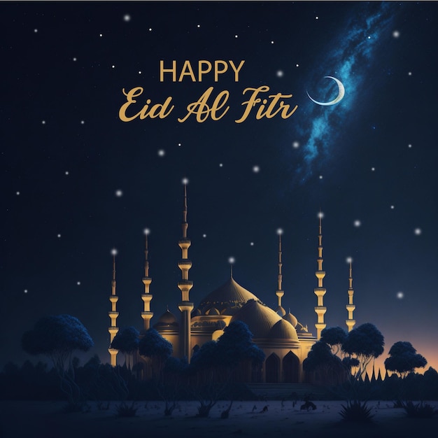 Ein Poster für Eid al-Fitr mit einem sternenfrohen Himmel und den Worten "Glücklicher Eid Al-Fitr".