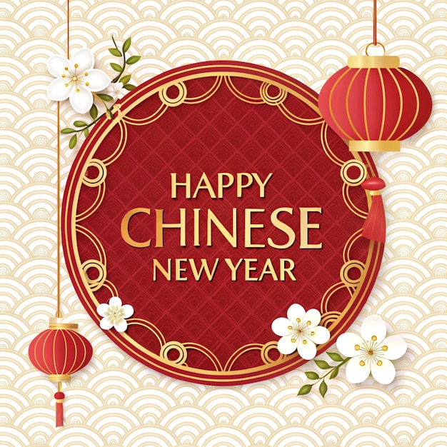 ein Poster für ein chinesisches Neujahr mit rotem Hintergrund mit einer roten und goldenen Laterne