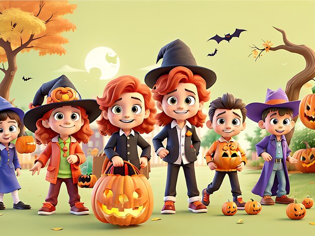 ein Poster für ein Halloween mit einer Gruppe von Kindern, die als Hexe und ein Kürbis gekleidet sind
