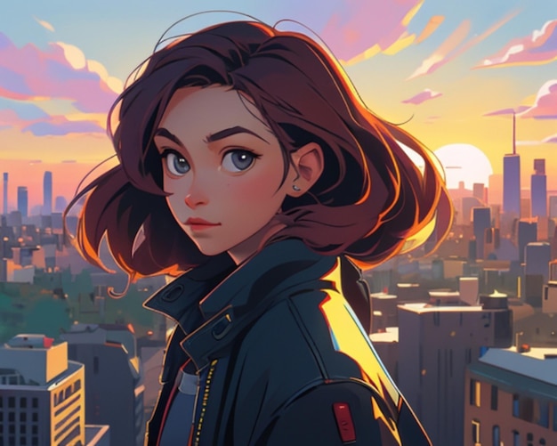 ein Poster für ein Mädchen mit einem Sonnenuntergang im Hintergrund.
