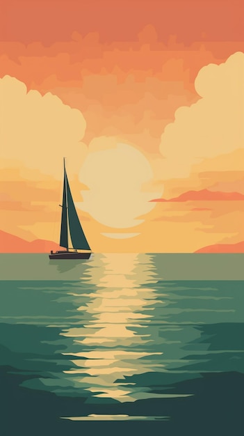 Ein Poster für ein Segelboot auf dem Meer, hinter dem die Sonne untergeht.