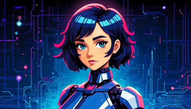 ein Poster für eine Anime-Figur mit blauem Haar in einer futuristischen Cyberpunk-Technologie