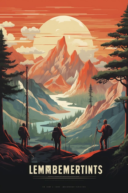 ein Poster für eine Berglandschaft mit Bergen und Bäumen