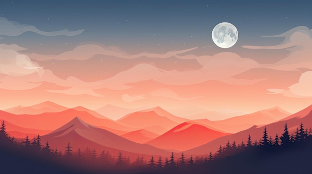 ein Poster für eine Berglandschaft mit Bergen und dem Mond im Hintergrund.