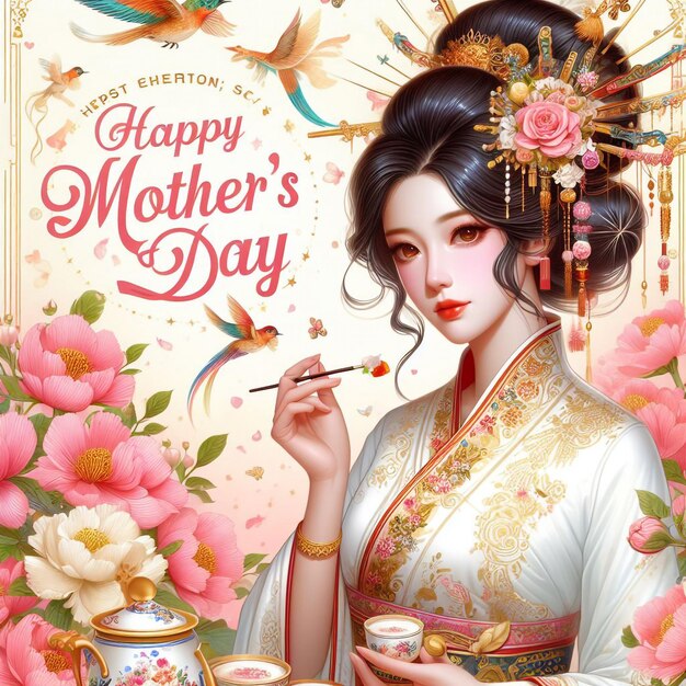 ein Poster für eine Frau mit einem Bild einer Frau, die eine Tasse Tee und eine Blume hält
