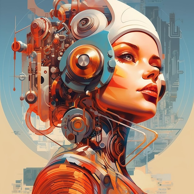 ein Poster für eine Frau mit einem Roboter darauf