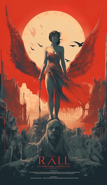 ein Poster für eine Frau mit Flügeln auf den Flügeln ihres Kopfes