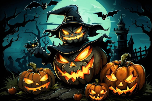ein Poster für eine Halloween-Party mit Kürbissen und einem Schloss im Hintergrund.