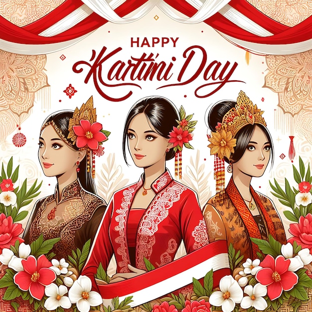 ein Poster für eine Hari Kartini mit Frauen in traditionellen Kleidern und Blumen