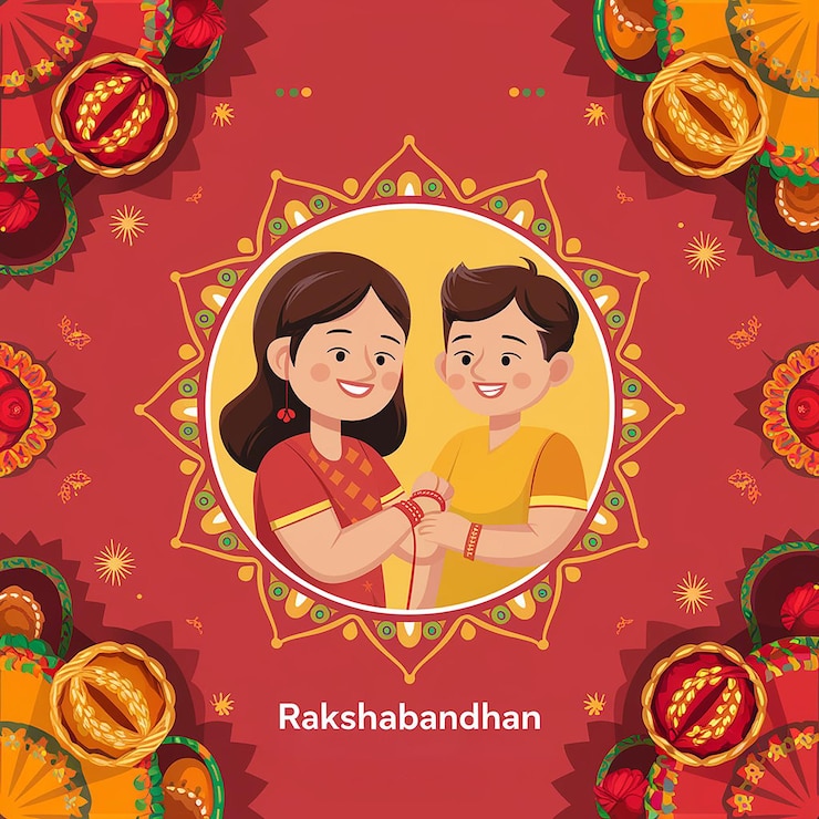 ein Poster für eine indische Familie mit rotem Hintergrund mit einem Bild von Bruder und Schwester