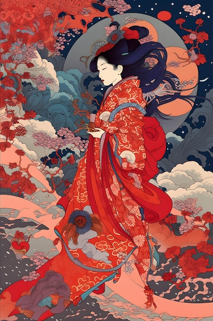 Ein Poster für eine Japanerin mit einem roten Kimono und der Aufschrift „Geisha“ auf der Unterseite
